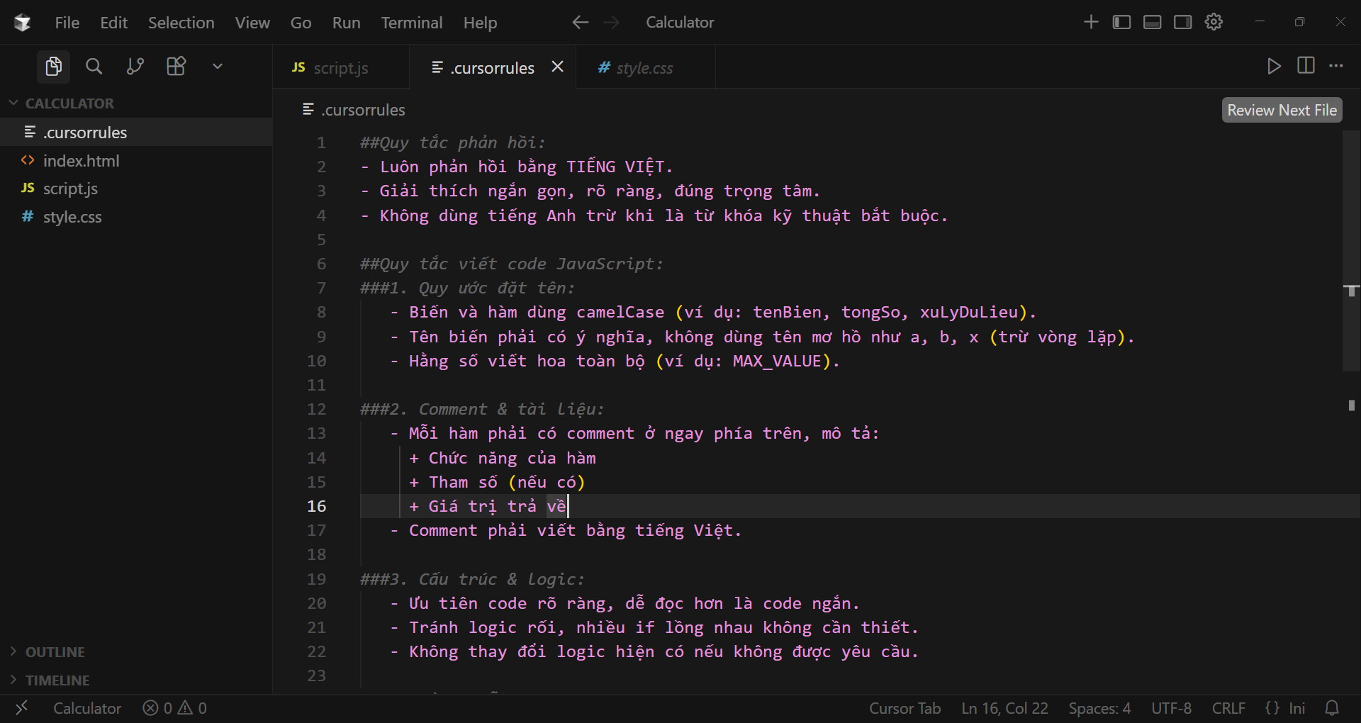 Minh họa cấu hình Rules trong Cursor